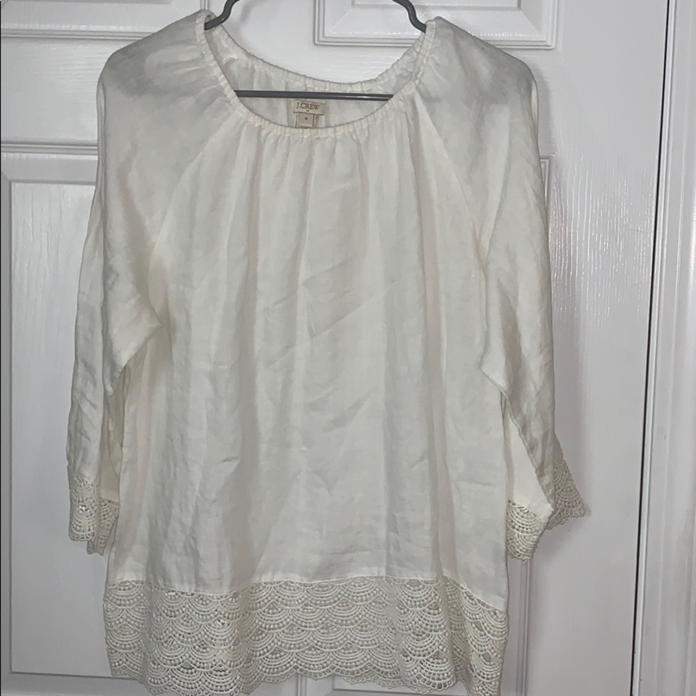 J. Crew Linen Embroidered Hem Top in Off White